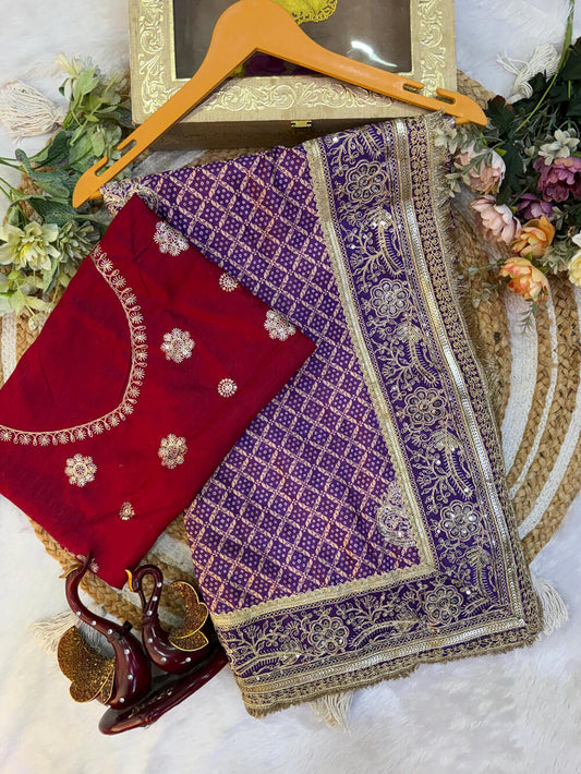 Engrossing Purple Chinon Silk Printed Embroidery Work Saree