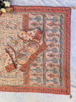Propinquity Beige Chinon Silk Printed Mirror Work Saree With Full Stitched Blouse