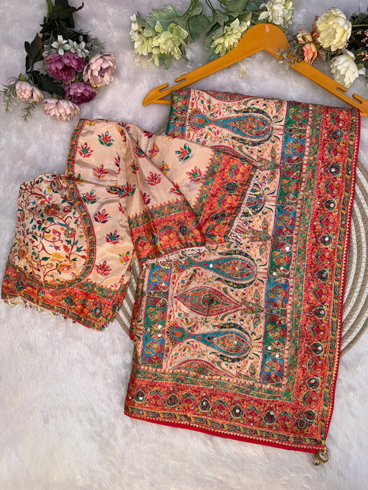 Propinquity Beige Chinon Silk Printed Mirror Work Saree With Full Stitched Blouse