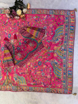 Desultory Dark Pink Chinon Silk Printed Mirror Work Saree With Full Stitched Blouse