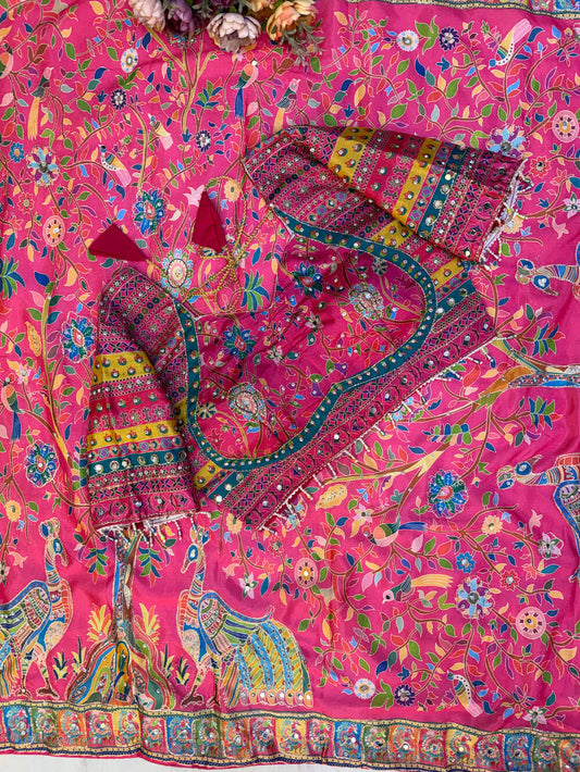 Desultory Dark Pink Chinon Silk Printed Mirror Work Saree With Full Stitched Blouse