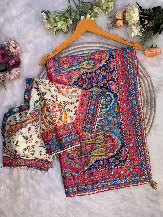 Luxuriant Off White Chinon Silk Printed Mirror Work Saree With Full Stitched Blouse