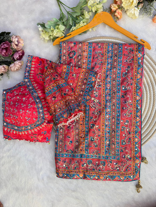Blooming Pink Chinon Silk Printed Mirror Work Saree With Full Stitched Blouse