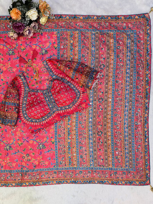 Blooming Pink Chinon Silk Printed Mirror Work Saree With Full Stitched Blouse