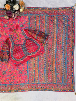 Blooming Pink Chinon Silk Printed Mirror Work Saree With Full Stitched Blouse