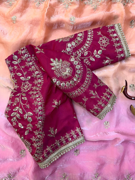 Desuetude Peach and Pink Fandy Silk Embroidery Work Saree With Full Stitched Blouse