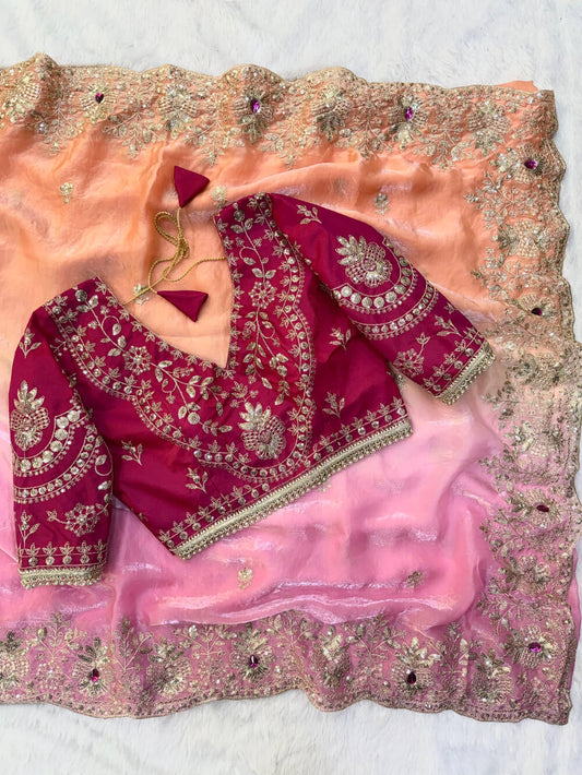 Desuetude Peach and Pink Fandy Silk Embroidery Work Saree With Full Stitched Blouse