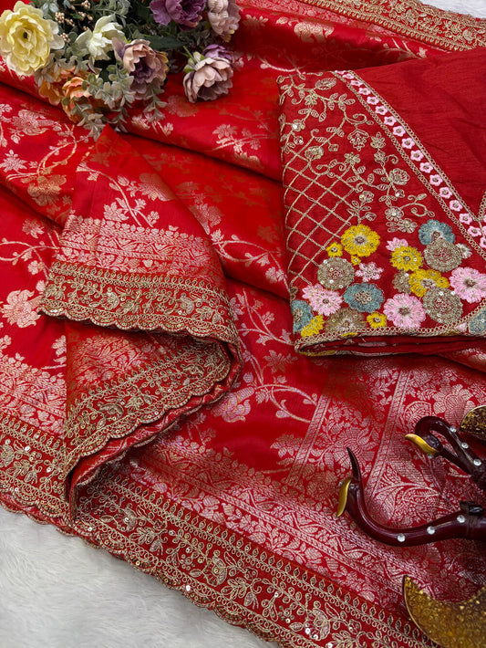Artistic Red Soft Silk Sequence Embroidery Work Saree