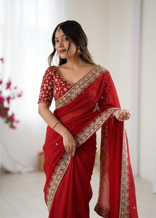 Verdant Red Rangoli Silk Sequence Embroidery Work Saree