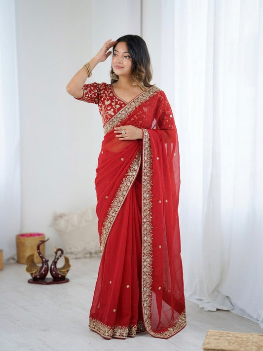 Verdant Red Rangoli Silk Sequence Embroidery Work Saree