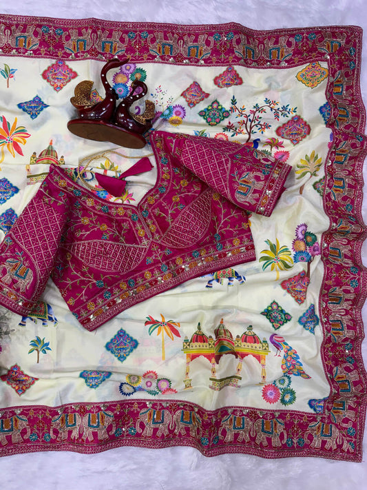 Resonant Off White Chinon Silk Printed Sequence Work Saree With Full Stitched Blouse