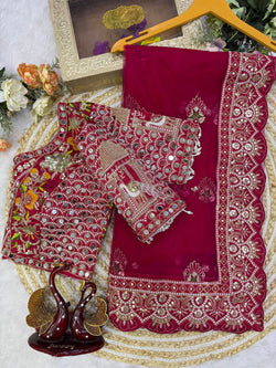 Scrupulous Dark Pink Twill Net Embroidery Mirror Work Saree With Full Stitched Blouse