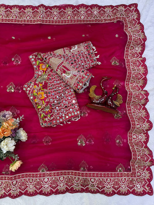 Scrupulous Dark Pink Twill Net Embroidery Mirror Work Saree With Full Stitched Blouse