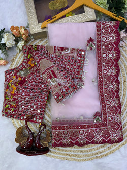Ethereal Pink Twill Net Embroidery Mirror Work Saree With Full Stitched Blouse
