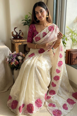 Sumptuous Beige Fandy Silk Embroidery Work Saree