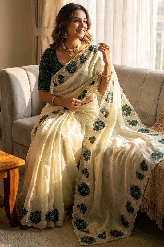 Ethnic Beige Fandy Silk Embroidery Work Saree