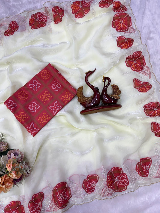 Designer Beige Fandy Silk Embroidery Work Saree