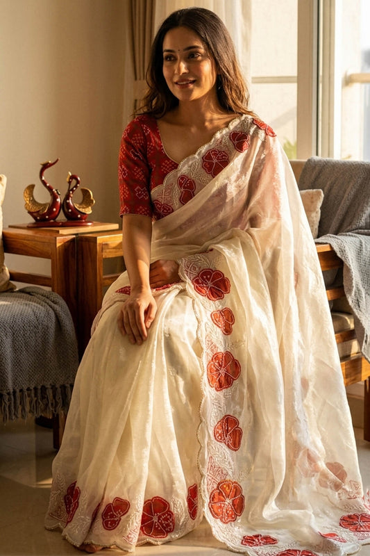 Designer Beige Fandy Silk Embroidery Work Saree