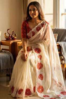 Designer Beige Fandy Silk Embroidery Work Saree