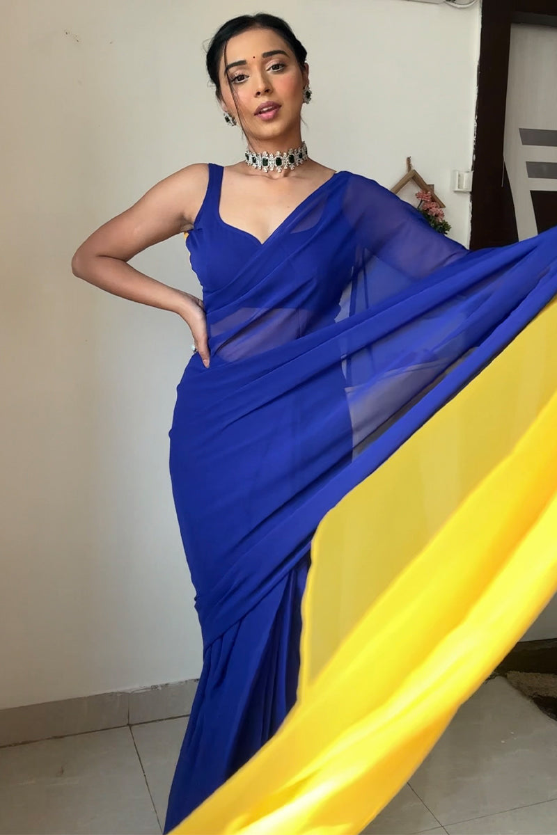 Amazing 1-Minute Ready To Wear Blue And Yellow Georgette Saree - thelotusfab