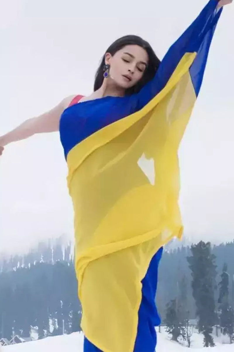 Amazing 1-Minute Ready To Wear Blue And Yellow Georgette Saree - thelotusfab