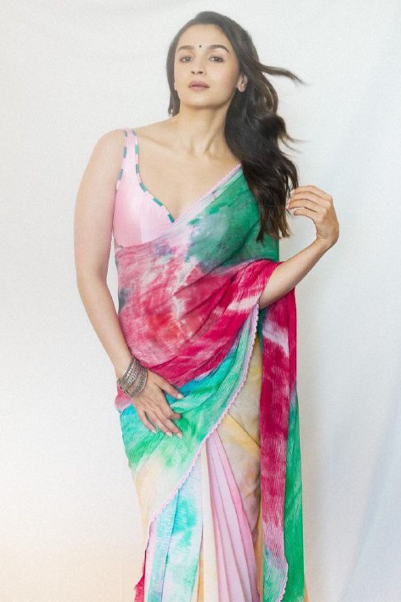 Most Stunning 1-Minute Ready To Wear Multi Color Georgette Saree - thelotusfab