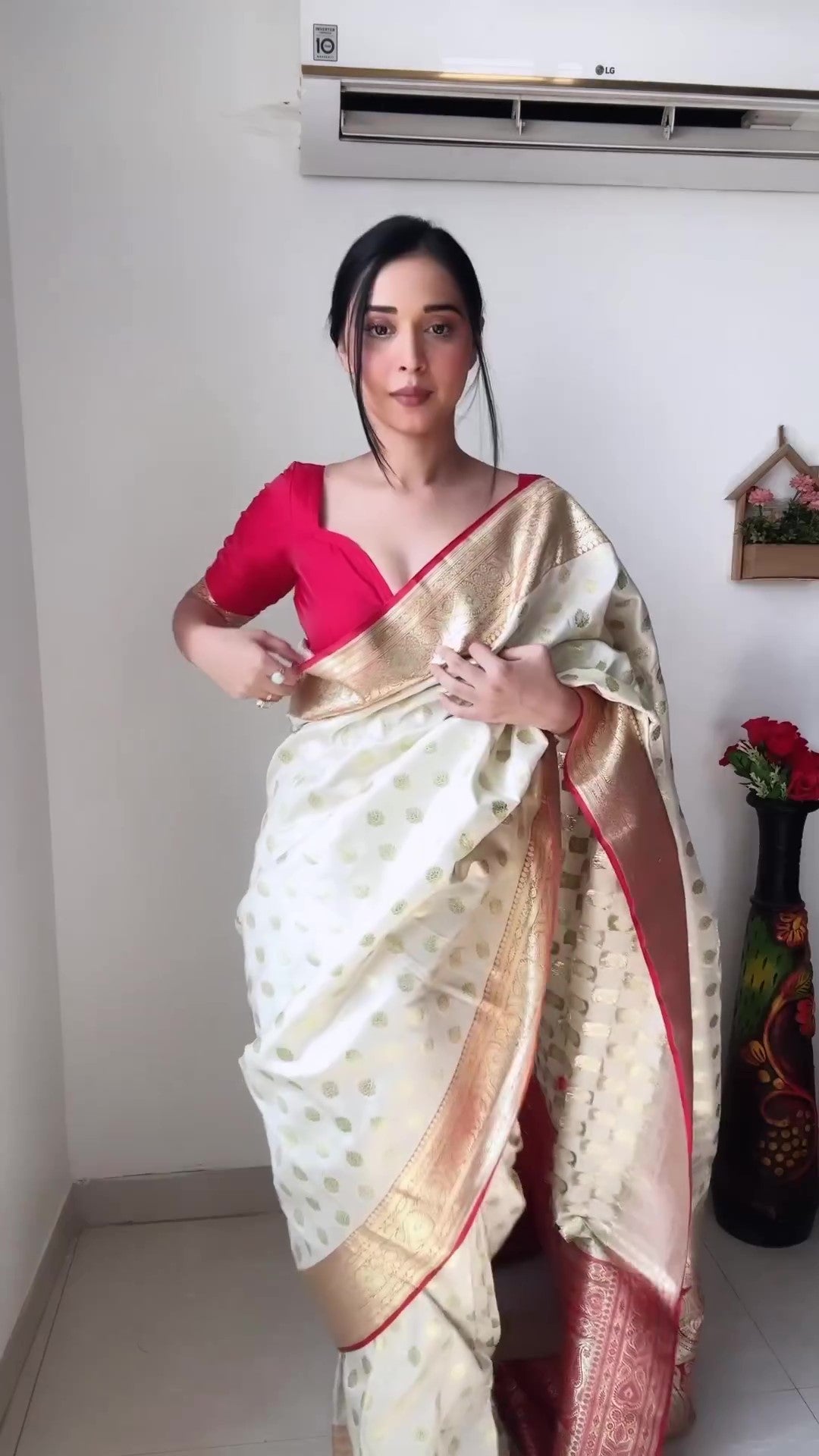 Attractive 1-Minute Ready To Wear Beige Soft Silk Saree - thelotusfab