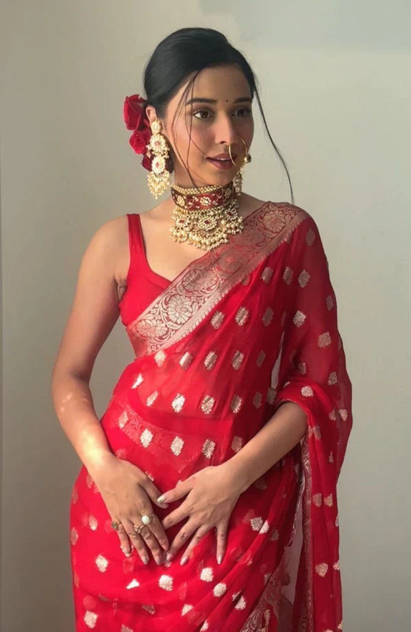 Tempting 1-Minute Ready To Wear Red Cotton Silk Saree - thelotusfab