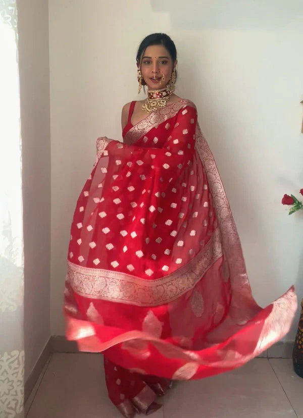 Tempting 1-Minute Ready To Wear Red Cotton Silk Saree - thelotusfab