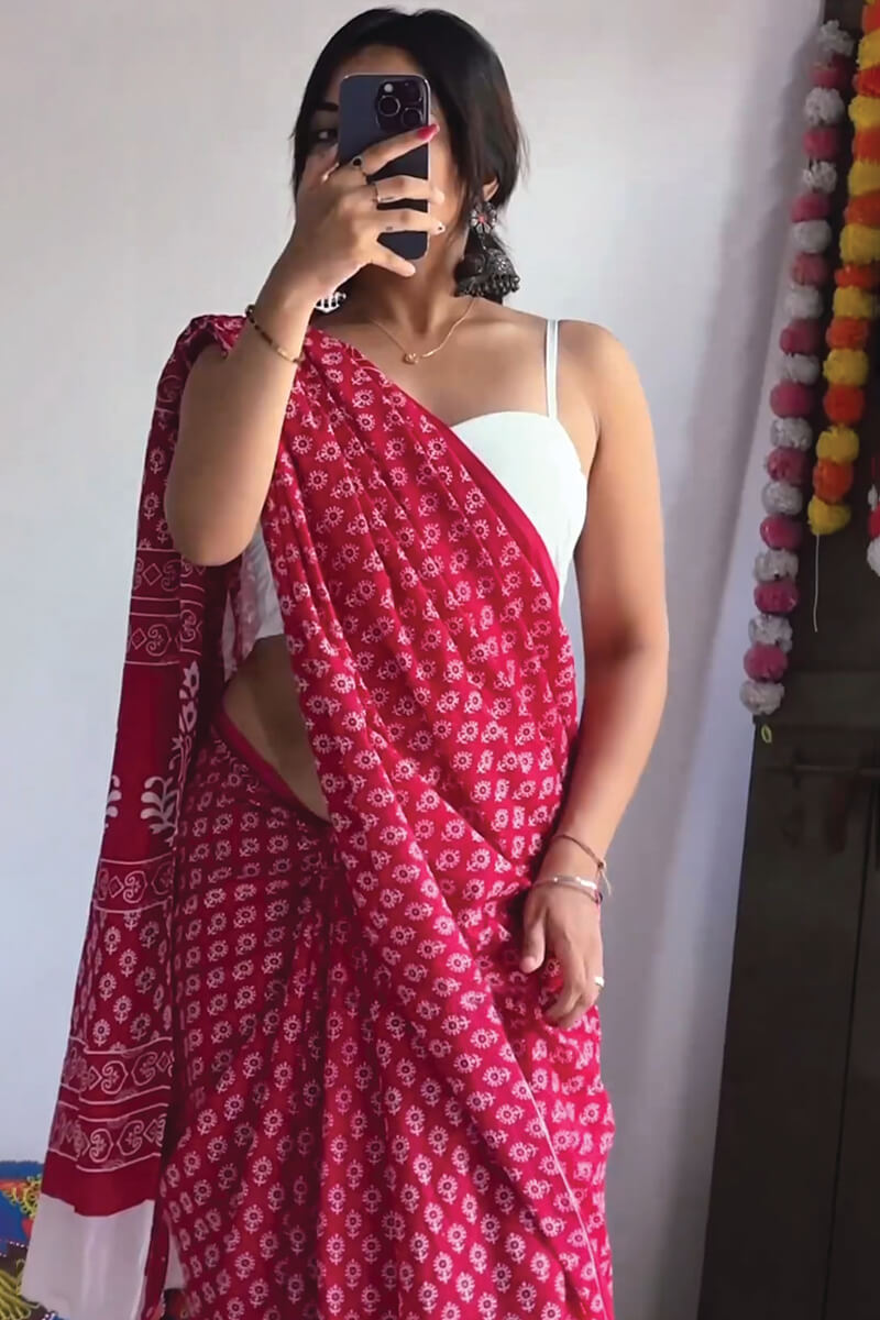 Trendy 1-Minute Ready To Wear Dark Pink Cotton Saree