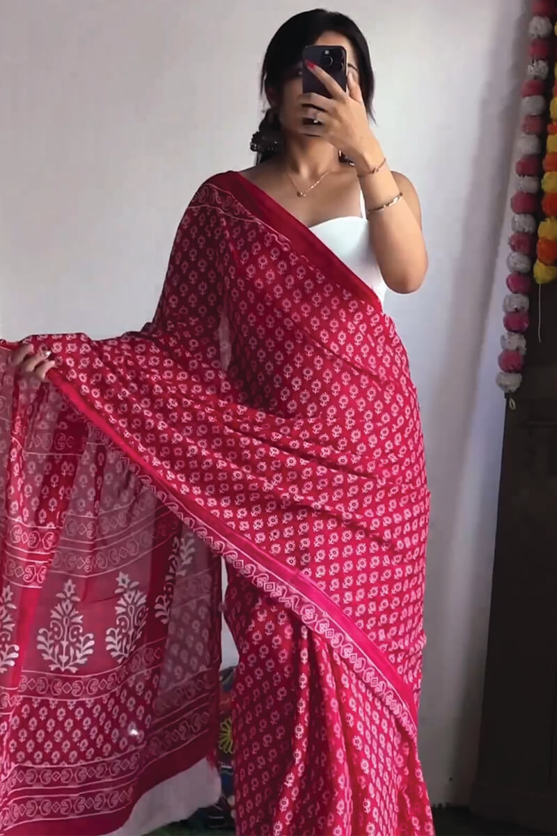 Trendy 1-Minute Ready To Wear Dark Pink Cotton Saree