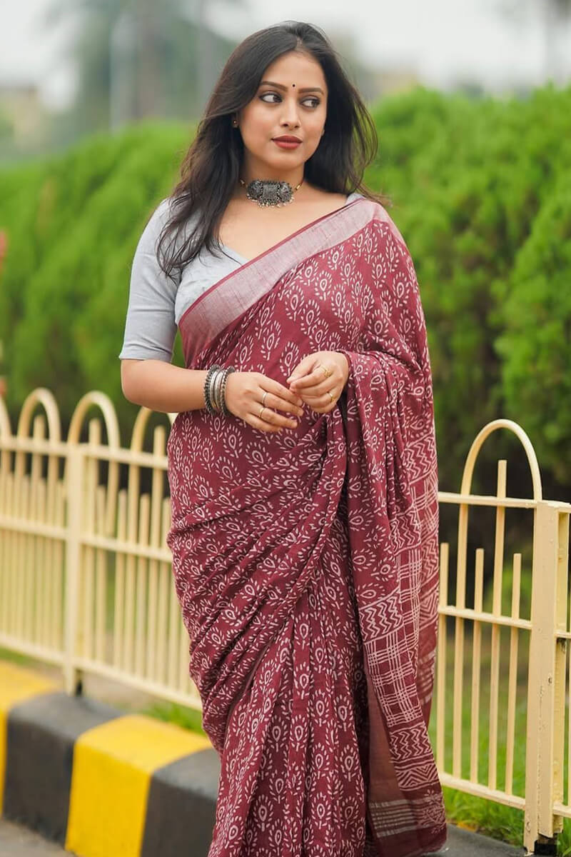 Most Stunning 1-Minute Ready To Wear Wine Cotton Saree – thelotusfab