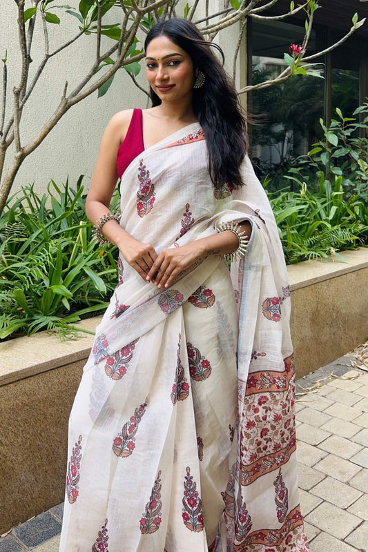 Artistic Off White 1-Minute Ready To Wear Cotton Saree
