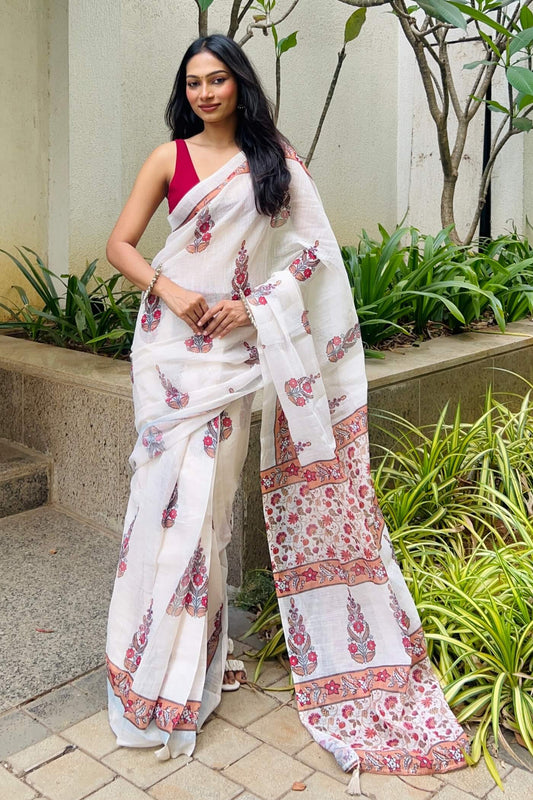 Artistic Off White 1-Minute Ready To Wear Cotton Saree