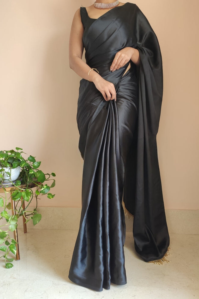 Amazing 1-Minute Ready To Wear Black Satin Silk Saree - thelotusfab