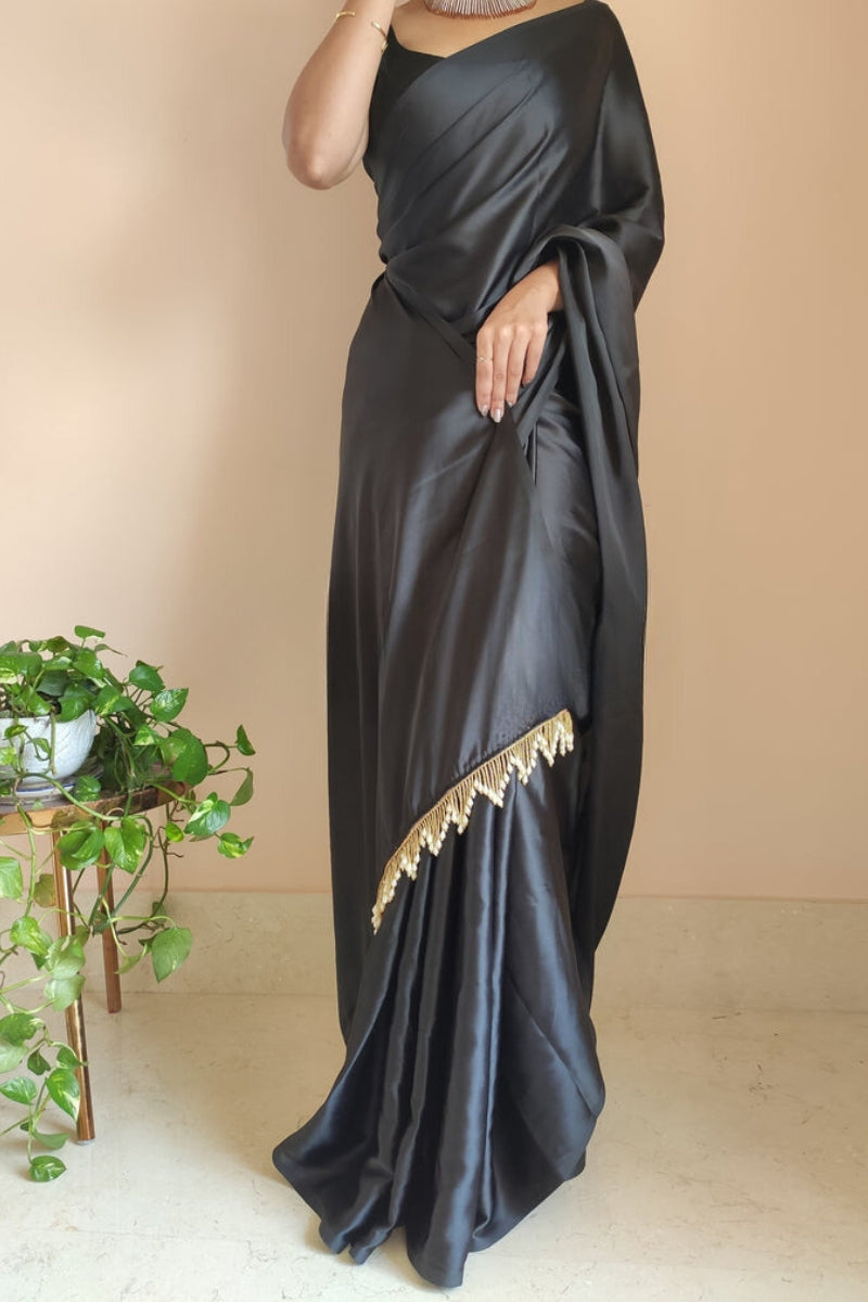 Amazing 1-Minute Ready To Wear Black Satin Silk Saree - thelotusfab