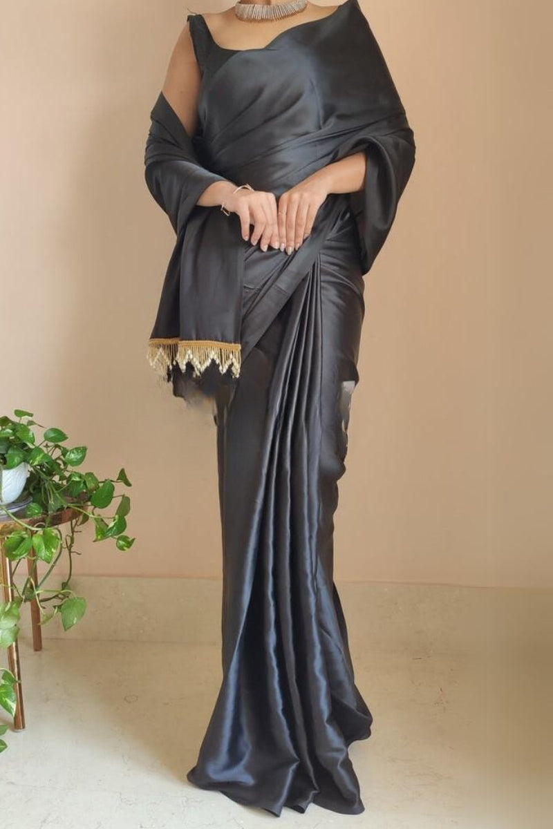 Amazing 1-Minute Ready To Wear Black Satin Silk Saree - thelotusfab