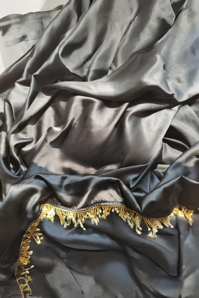 Amazing 1-Minute Ready To Wear Black Satin Silk Saree - thelotusfab