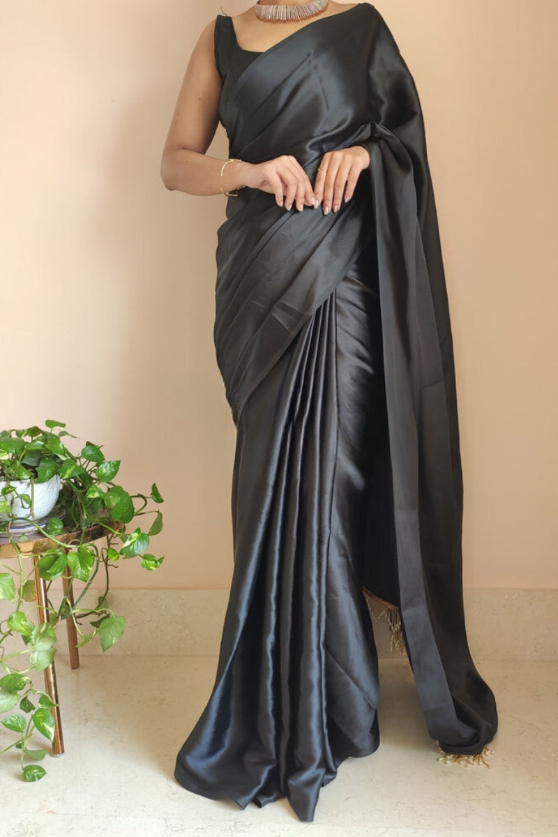 Amazing 1-Minute Ready To Wear Black Satin Silk Saree - thelotusfab