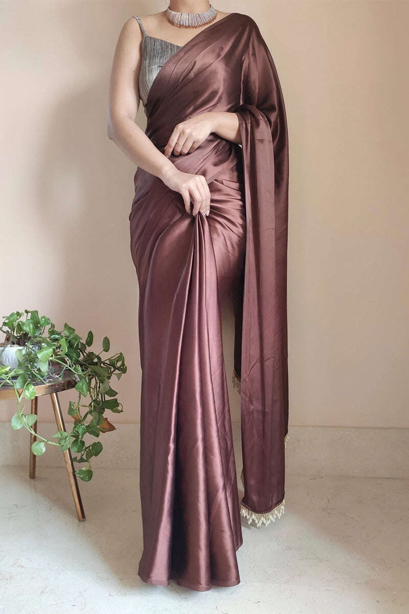 Desultory 1-Minute Ready To Wear Brown Satin Silk Saree - thelotusfab