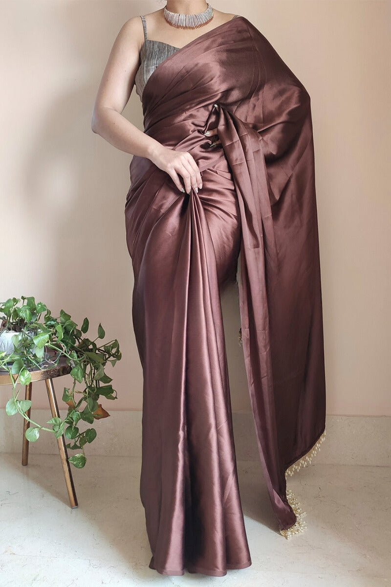 Desultory 1-Minute Ready To Wear Brown Satin Silk Saree - thelotusfab