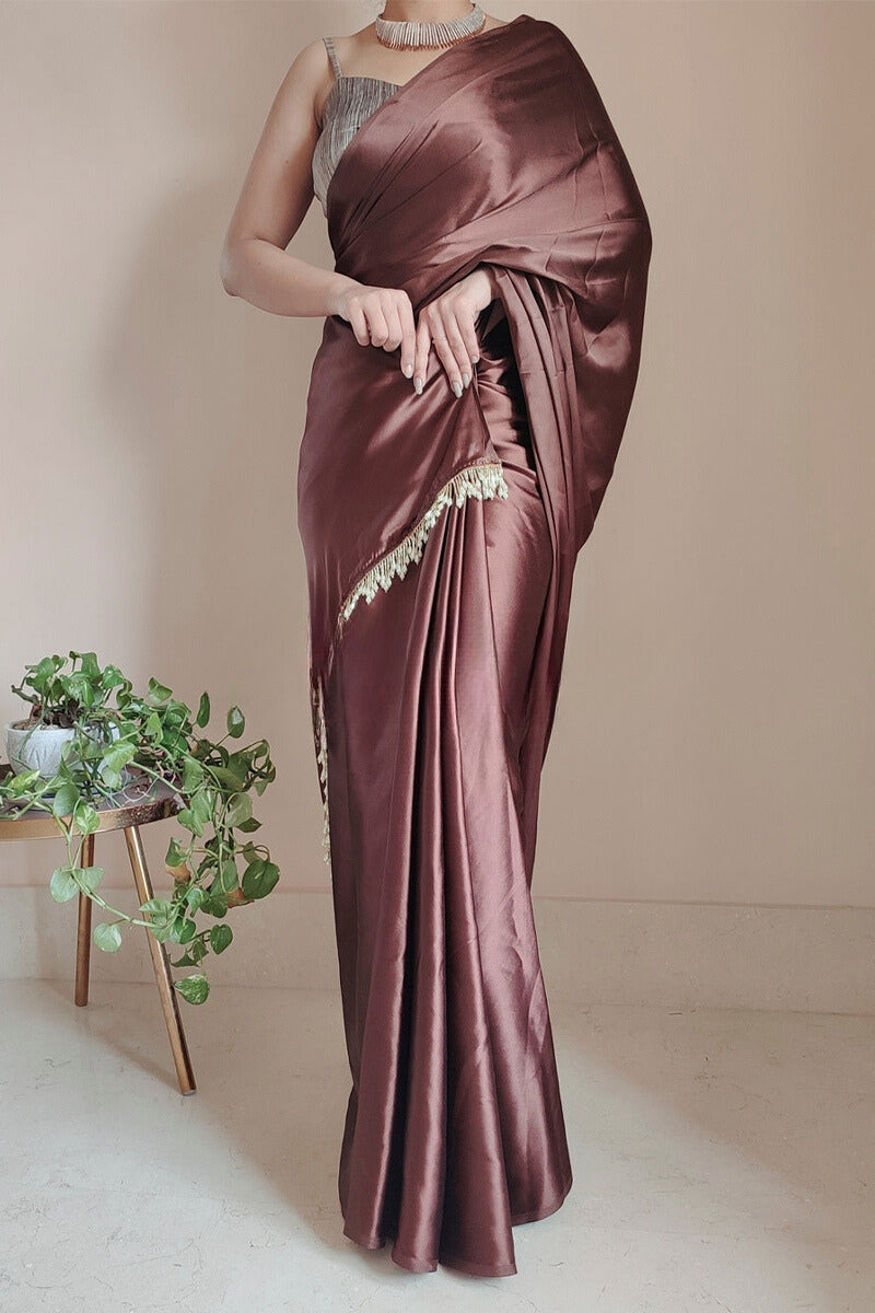 Desultory 1-Minute Ready To Wear Brown Satin Silk Saree - thelotusfab