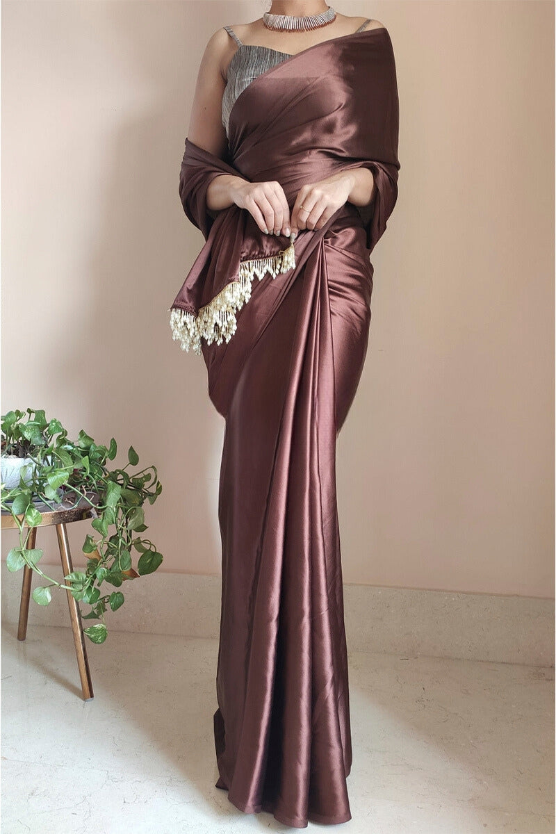 Desultory 1-Minute Ready To Wear Brown Satin Silk Saree - thelotusfab