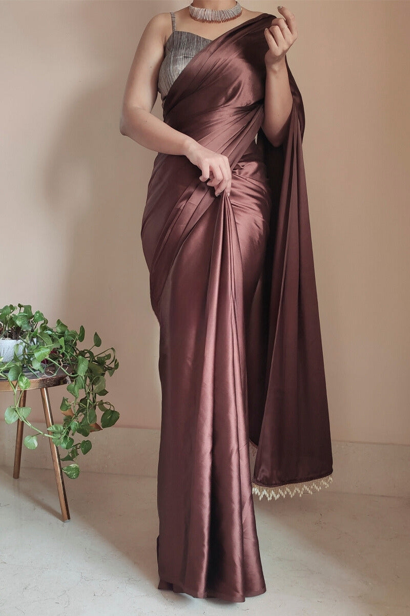 Desultory 1-Minute Ready To Wear Brown Satin Silk Saree - thelotusfab