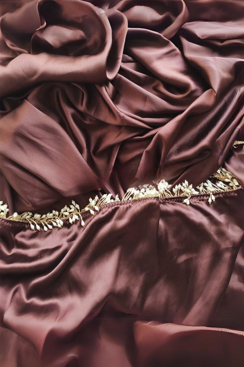 Desultory 1-Minute Ready To Wear Brown Satin Silk Saree - thelotusfab