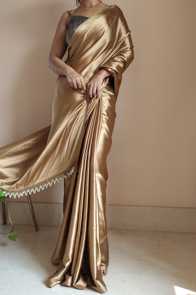 Energetic 1-Minute Ready To Wear Champagne Gold Satin Silk Saree - thelotusfab