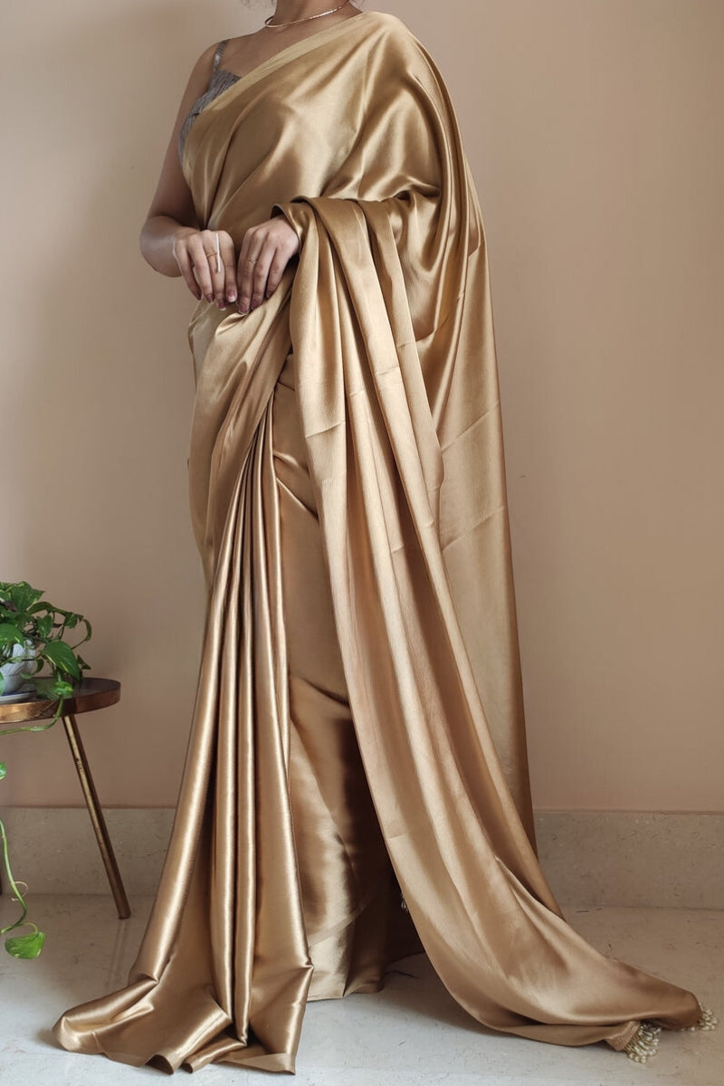 Energetic 1-Minute Ready To Wear Champagne Gold Satin Silk Saree - thelotusfab