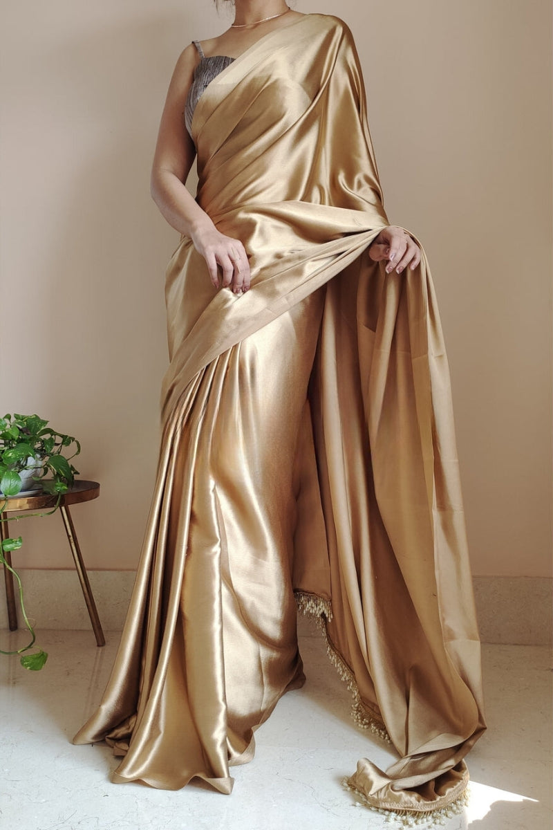 Energetic 1-Minute Ready To Wear Champagne Gold Satin Silk Saree - thelotusfab