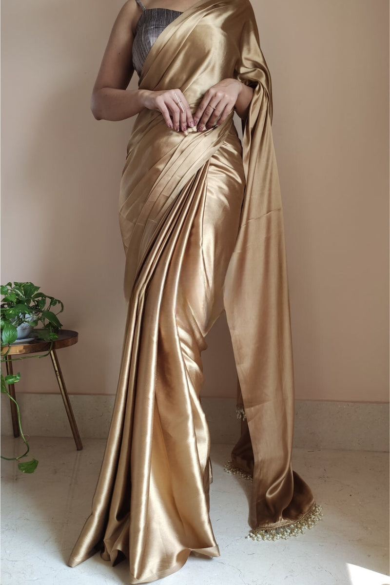 Energetic 1-Minute Ready To Wear Champagne Gold Satin Silk Saree - thelotusfab