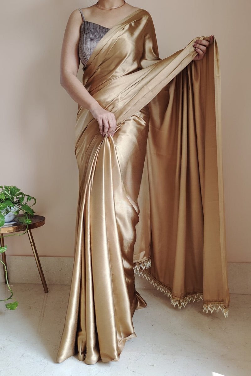 Energetic 1-Minute Ready To Wear Champagne Gold Satin Silk Saree - thelotusfab